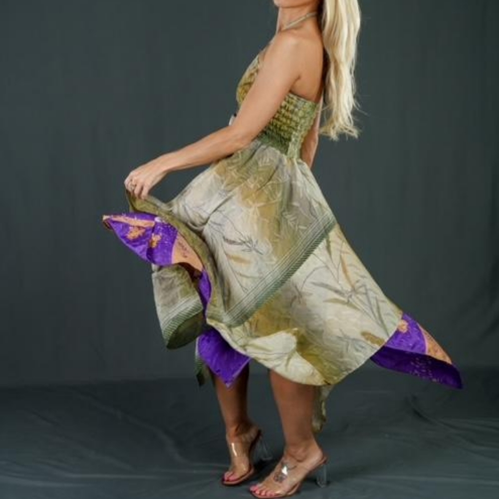 Brand New Sustainably Designed Sage/Purple Print Boho Silk Convertible Dress/…